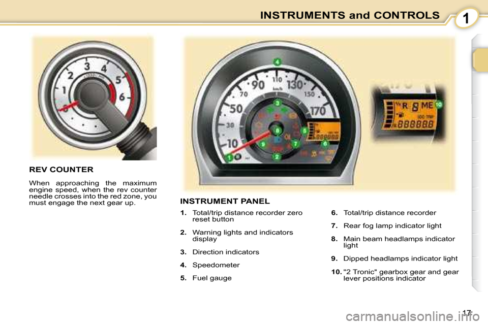 Peugeot 107 Dag 2008  Owners Manual 1
17
INSTRUMENTS and CONTROLS
       INSTRUMENT PANEL 
   
1.    Total/trip distance recorder zero 
reset button 
  
2.    Warning lights and indicators 
display 
  
3.    Direction indicators 
  
4. 