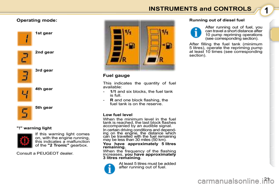 Peugeot 107 Dag 2008 User Guide 1
21
INSTRUMENTS and CONTROLS
  Operating mode: 
  
1st gear   
  
2nd gear   
  
3rd gear   
  
4th gear   
  
5th gear   
 If  this  warning  light  comes  
on, with the engine running, 
this indica