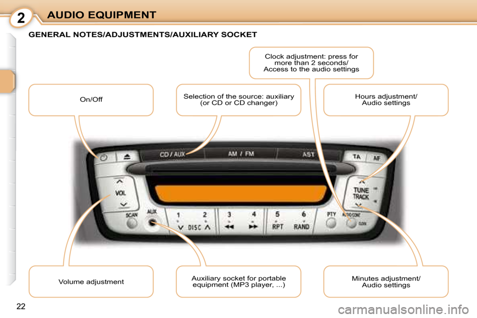 Peugeot 107 Dag 2008 User Guide 2
22
AUDIO EQUIPMENT
         GENERAL NOTES/ADJUSTMENTS/AUXILIARY SOCKET 
 On/Off  Selection of the source: auxiliary 
(or CD or CD changer)   Clock adjustment: press for
more than 2 seconds/
Access t