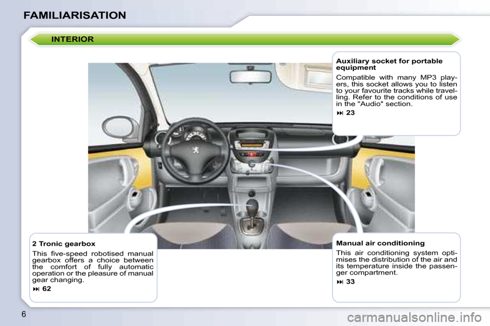 Peugeot 107 Dag 2008  Owners Manual 6
FAMILIARISATION
  Manual air conditioning  
 This  air  conditioning  system  opti- 
mises the distribution of the air and 
its  temperature  inside  the  passen-
ger compartment.  
   
�    33  