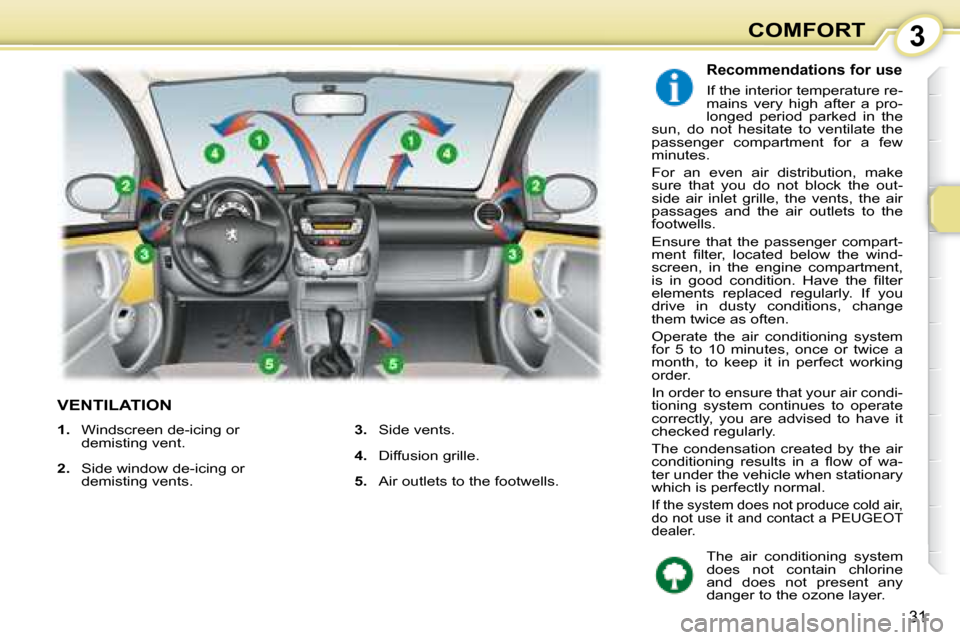 Peugeot 107 Dag 2008  Owners Manual 3
31
COMFORT
             VENTILATION 
  Recommendations for use 
 If the interior temperature re- 
mains  very  high  after  a  pro-
longed  period  parked  in  the 
sun,  do  not  hesitate  to  vent