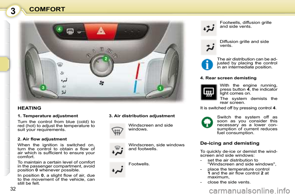 Peugeot 107 Dag 2008 Owners Guide 3
32
COMFORT
                 HEATING  
  1. Temperature adjustment  
 Turn  the  control  from  blue  (cold)  to  
red (hot) to adjust the temperature to 
suit your requirements.   
� � �2�.� �A�i�r�