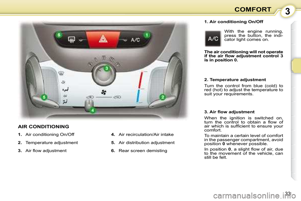 Peugeot 107 Dag 2008 Owners Guide 3
33
COMFORT
  1. Air conditioning On/Off   With  the  engine  running,  
press  the  button,  the  indi-
cator light comes on. 
   
1.    Air conditioning On/Off 
  
2.    Temperature adjustment 
  

