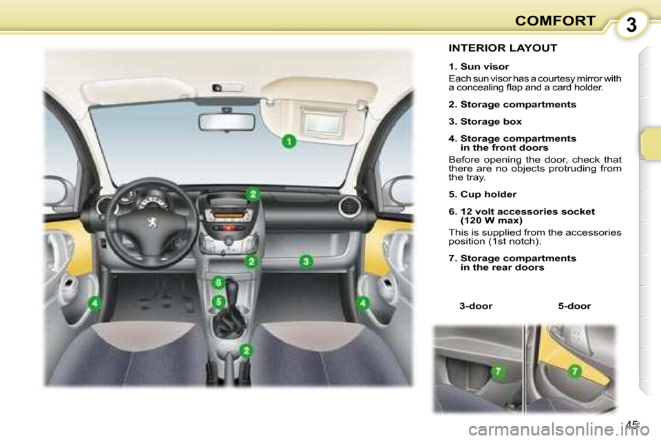 Peugeot 107 Dag 2008  Owners Manual 3
45
COMFORT
             INTERIOR LAYOUT 
  
�1�.� �S�u�n� �v�i�s�o�r   
 Each sun visor has a courtesy mirror with  
�a� �c�o�n�c�e�a�l�i�n�g� �ﬂ� �a�p� �a�n�d� �a� �c�a�r�d� �h�o�l�d�e�r�.� 
  
2