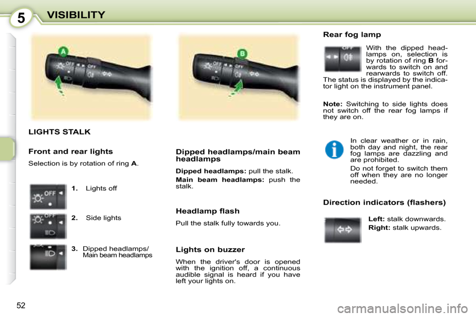 Peugeot 107 Dag 2008  Owners Manual 5
52
VISIBILITY
                               LIGHTS STALK 
   
1.    Lights off 
  
2.    Side lights 
  
3.    Dipped headlamps/
Main beam headlamps   
  Dipped headlamps/main beam  
headlamps  
  