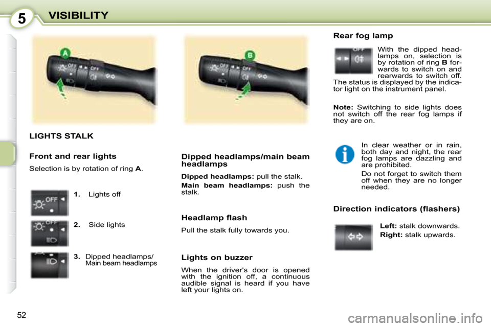Peugeot 107 Dag 2008 Workshop Manual 5
52
VISIBILITY
                               LIGHTS STALK 
   
1.    Lights off 
  
2.    Side lights 
  
3.    Dipped headlamps/
Main beam headlamps   
  Dipped headlamps/main beam  
headlamps  
  