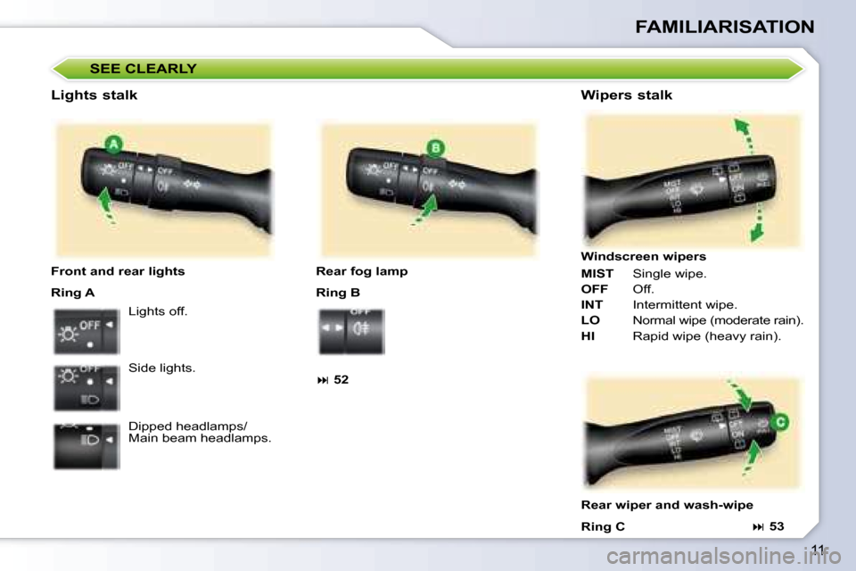 Peugeot 107 Dag 2008  Owners Manual 11
FAMILIARISATION
  Lights stalk  
  Front and rear lights  
 Ring A  Lights off.  
 Side lights.  
 Dipped headlamps/ 
Main beam headlamps.     Rear fog lamp  
 Ring B  
   
�    52         Wiper