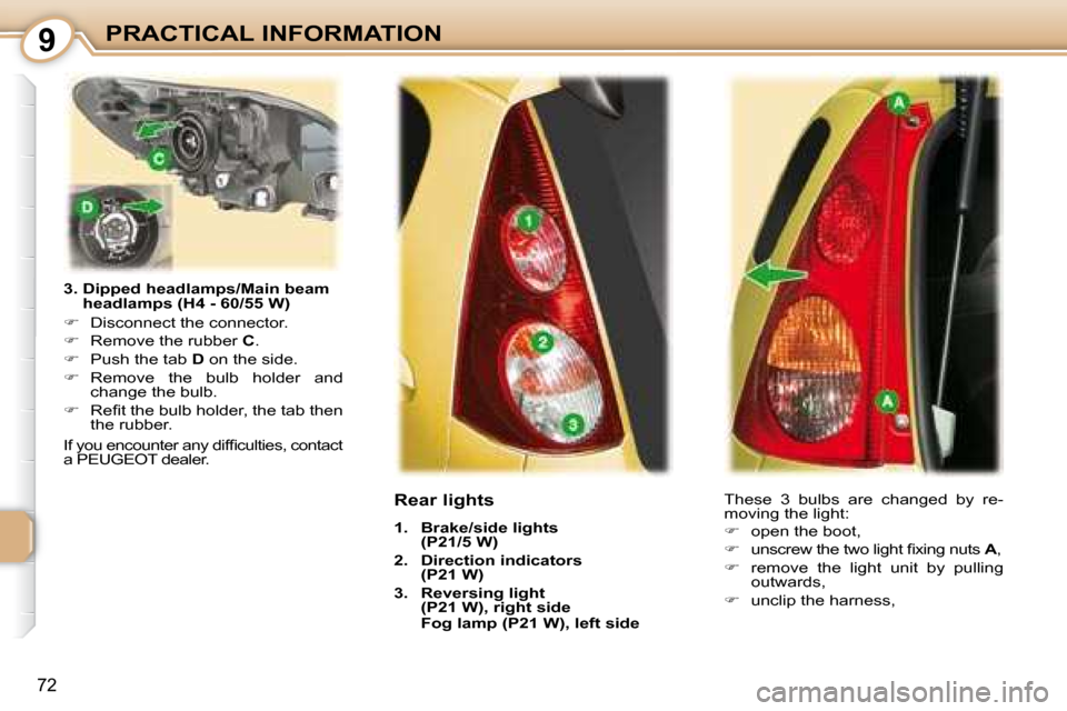 Peugeot 107 Dag 2008 Manual PDF 9
72
PRACTICAL INFORMATION
  3.  Dipped headlamps/Main beam  headlamps (H4 - 60/55 W) 
   
�    Disconnect the connector. 
  
�    Remove the rubber   C . 
  
�    Push the tab   D  on the si