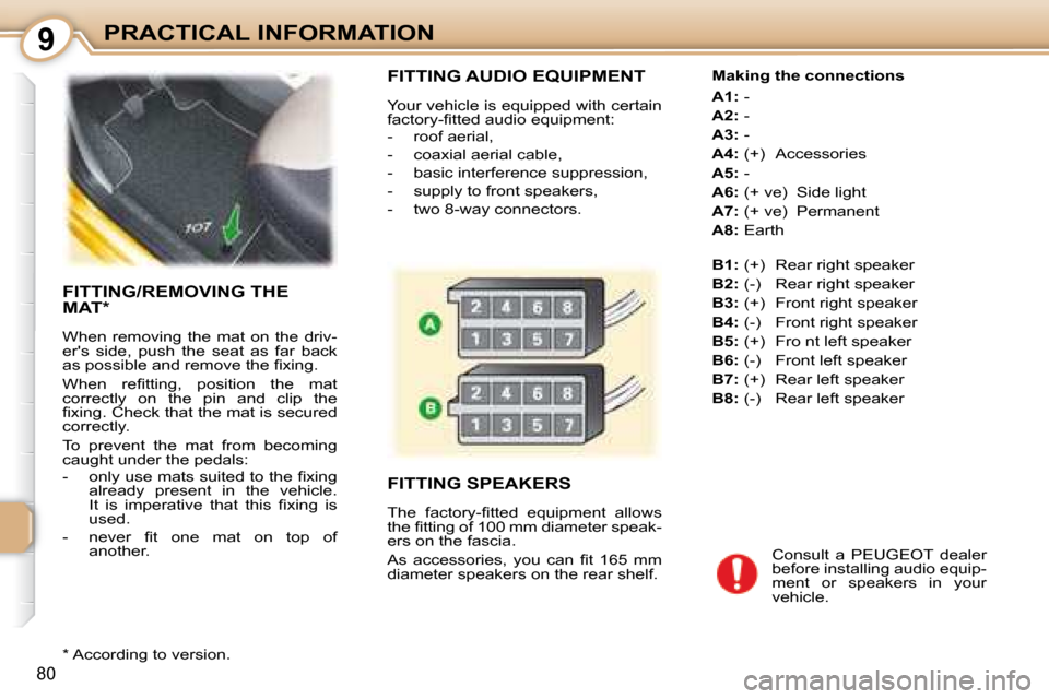 Peugeot 107 Dag 2008 Manual Online 9
80
PRACTICAL INFORMATION
 FITTING AUDIO EQUIPMENT 
 Your vehicle is equipped with certain  
�f�a�c�t�o�r�y�-�ﬁ� �t�t�e�d� �a�u�d�i�o� �e�q�u�i�p�m�e�n�t�:�  
   -   roof aerial,  
  -   coaxial ae