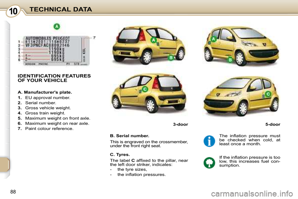 Peugeot 107 Dag 2008 User Guide 10
88
TECHNICAL DATA
       IDENTIFICATION FEATURES  
OF YOUR VEHICLE  
� � �B�.� �S�e�r�i�a�l� �n�u�m�b�e�r�.�  
 This is engraved on the crossmember,  
under the front right seat.  � �T�h�e�  �i�n��