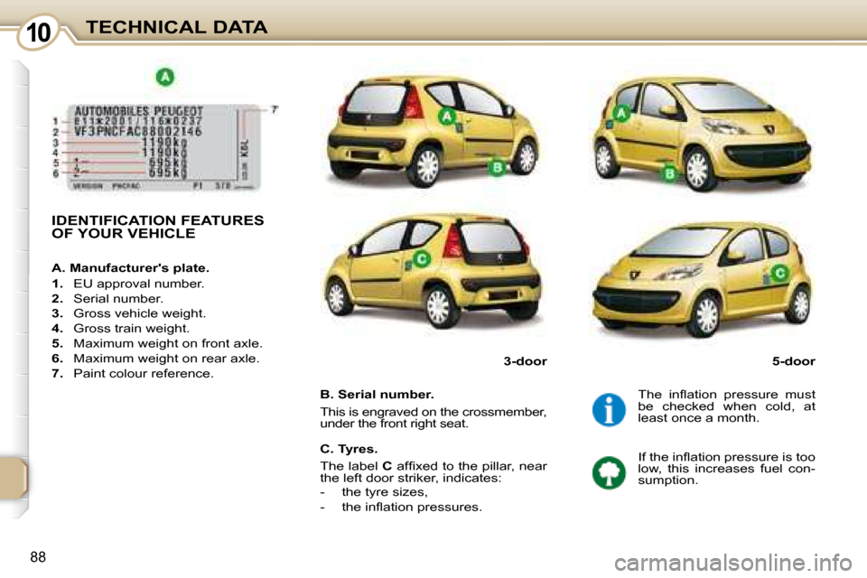 Peugeot 107 Dag 2008 Owners Manual 10
88
TECHNICAL DATA
       IDENTIFICATION FEATURES  
OF YOUR VEHICLE  
� � �B�.� �S�e�r�i�a�l� �n�u�m�b�e�r�.�  
 This is engraved on the crossmember,  
under the front right seat.  � �T�h�e�  �i�n�