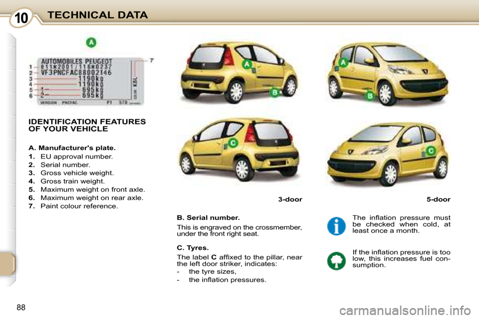 Peugeot 107 Dag 2008  Owners Manual 10
88
TECHNICAL DATA
       IDENTIFICATION FEATURES  
OF YOUR VEHICLE  
� � �B�.� �S�e�r�i�a�l� �n�u�m�b�e�r�.�  
 This is engraved on the crossmember,  
under the front right seat.  � �T�h�e�  �i�n��