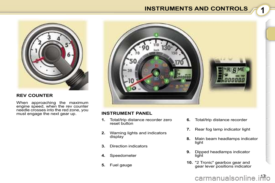 Peugeot 107 Dag 2007 User Guide �1�I�N�S�T�R�U�M�E�N�T�S� �A�N�D� �C�O�N�T�R�O�L�S
�1�7
�I�N�S�T�R�U�M�E�N�T� �P�A�N�E�L
�1�.�  �T�o�t�a�l�/�t�r�i�p� �d�i�s�t�a�n�c�e� �r�e�c�o�r�d�e�r� �z�e�r�o� 
�r�e�s�e�t� �b�u�t�t�o�n
�2�. �  �W