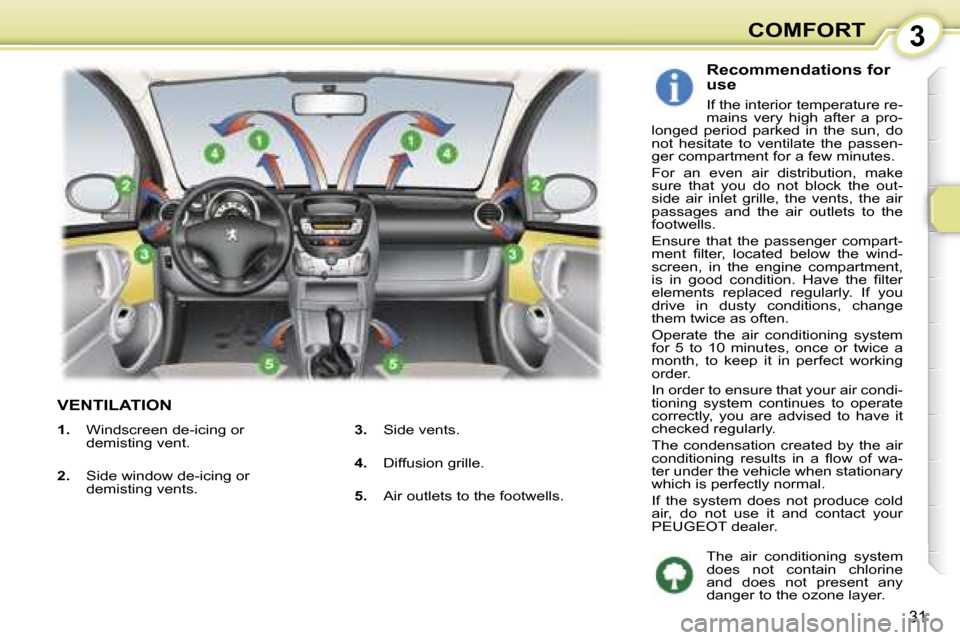 Peugeot 107 Dag 2007 Owners Guide �3�C�O�M�F�O�R�T
�3�1
�V�E�N�T�I�L�A�T�I�O�N
�R�e�c�o�m�m�e�n�d�a�t�i�o�n�s� �f�o�r�  
�u�s�e
�I�f� �t�h�e� �i�n�t�e�r�i�o�r� �t�e�m�p�e�r�a�t�u�r�e� �r�e�- 
�m�a�i�n�s�  �v�e�r�y�  �h�i�g�h�  �a�f�t�