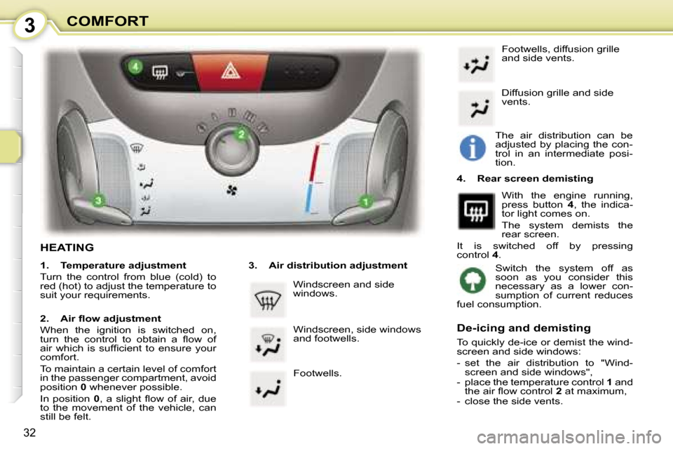 Peugeot 107 Dag 2007 Owners Guide �3�C�O�M�F�O�R�T
�3�2
�H�E�A�T�I�N�G
�1�.�  �T�e�m�p�e�r�a�t�u�r�e� �a�d�j�u�s�t�m�e�n�t 
�T�u�r�n�  �t�h�e�  �c�o�n�t�r�o�l�  �f�r�o�m�  �b�l�u�e�  �(�c�o�l�d�)�  �t�o�  
�r�e�d� �(�h�o�t�)� �t�o� �a