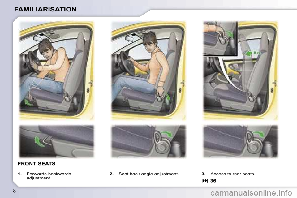 Peugeot 107 Dag 2007  Owners Manual �8
�F�A�M�I�L�I�A�R�I�S�A�T�I�O�N
�F�R�O�N�T� �S�E�A�T�S
�1�.� �F�o�r�w�a�r�d�s�-�b�a�c�k�w�a�r�d�s�  
�a�d�j�u�s�t�m�e�n�t�. �2�.� 
�S�e�a�t� �b�a�c�k� �a�n�g�l�e� �a�d�j�u�s�t�m�e�n�t�. �3�.� �A�c�c