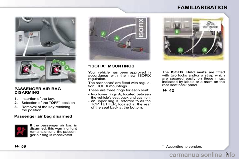 Peugeot 107 Dag 2007  Owners Manual �9
�F�A�M�I�L�I�A�R�I�S�A�T�I�O�N
�P�A�S�S�E�N�G�E�R� �A�I�R� �B�A�G�  
�D�I�S�A�R�M�I�N�G
�1�.� �I�n�s�e�r�t�i�o�n� �o�f� �t�h�e� �k�e�y�.
�2�.�  �S�e�l�e�c�t�i�o�n� �o�f� �t�h�e�  �"�O�F�F�"� �p�o�s