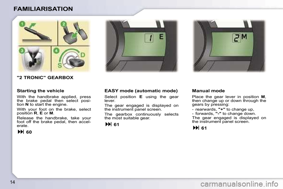 Peugeot 107 Dag 2006.5 User Guide �1�4
�F�A�M�I�L�I�A�R�I�S�A�T�I�O�N
�"�2� �T�R�O�N�I�C�"� �G�E�A�R�B�O�X
�E�A�S�Y� �m�o�d�e� �(�a�u�t�o�m�a�t�i�c� �m�o�d�e�)
�S�e�l�e�c�t�  �p�o�s�i�t�i�o�n� �E�  �u�s�i�n�g�  �t�h�e�  �g�e�a�r� 
�l�