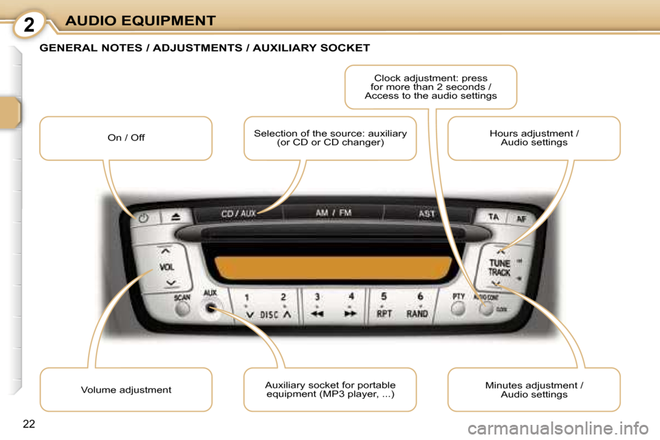 Peugeot 107 Dag 2006.5 User Guide �2�A�U�D�I�O� �E�Q�U�I�P�M�E�N�T
�2�2
�G�E�N�E�R�A�L� �N�O�T�E�S� �/� �A�D�J�U�S�T�M�E�N�T�S� �/� �A�U�X�I�L�I�A�R�Y� �S�O�C�K�E�T
�O�n� �/� �O�f�f�S�e�l�e�c�t�i�o�n� �o�f� �t�h�e� �s�o�u�r�c�e�:� �a�