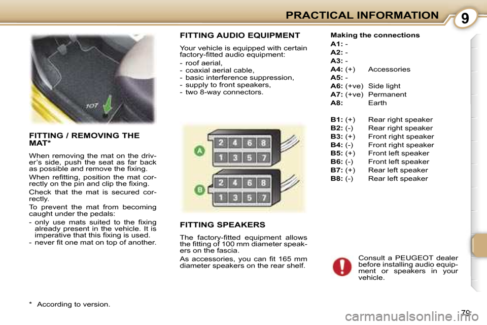 Peugeot 107 Dag 2006.5 Manual Online �9�P�R�A�C�T�I�C�A�L� �I�N�F�O�R�M�A�T�I�O�N
�7�9
�F�I�T�T�I�N�G� �A�U�D�I�O� �E�Q�U�I�P�M�E�N�T
�Y�o�u�r� �v�e�h�i�c�l�e� �i�s� �e�q�u�i�p�p�e�d� �w�i�t�h� �c�e�r�t�a�i�n�  
�f�a�c�t�o�r�y�-�ﬁ�t�t�