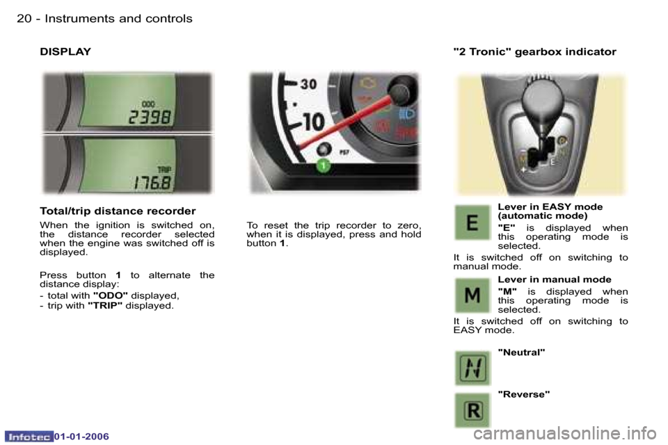 Peugeot 107 Dag 2006 User Guide �I�n�s�t�r�u�m�e�n�t�s� �a�n�d� �c�o�n�t�r�o�l�s�2�0 �-
�0�1�-�0�1�-�2�0�0�6
�D�I�S�P�L�A�Y
�T�o�  �r�e�s�e�t�  �t�h�e�  �t�r�i�p�  �r�e�c�o�r�d�e�r�  �t�o�  �z�e�r�o�,�  
�w�h�e�n�  �i�t�  �i�s�  �d�