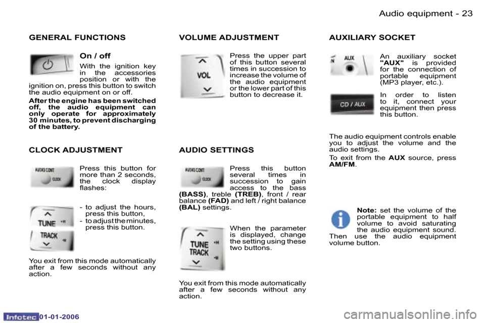 Peugeot 107 Dag 2006 Owners Guide �2�3�A�u�d�i�o� �e�q�u�i�p�m�e�n�t�-
�0�1�-�0�1�-�2�0�0�6
�G�E�N�E�R�A�L� �F�U�N�C�T�I�O�N�S�O�n� �/� �o�f�f
�W�i�t�h�  �t�h�e�  �i�g�n�i�t�i�o�n�  �k�e�y�  
�i�n�  �t�h�e�  �a�c�c�e�s�s�o�r�i�e�s� 
�