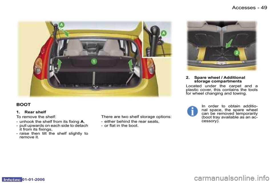 Peugeot 107 Dag 2006 Workshop Manual �4�9�A�c�c�e�s�s�e�s�-
�0�1�-�0�1�-�2�0�0�6
�B�O�O�T
�2�.�  �S�p�a�r�e� �w�h�e�e�l� �/� �A�d�d�i�t�i�o�n�a�l� �s�t�o�r�a�g�e� �c�o�m�p�a�r�t�m�e�n�t�s
�L�o�c�a�t�e�d�  �u�n�d�e�r�  �t�h�e�  �c�a�r�p�e