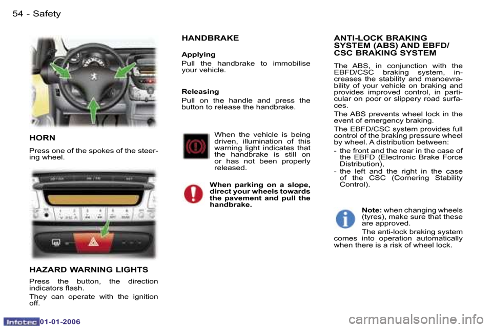 Peugeot 107 Dag 2006 Workshop Manual �S�a�f�e�t�y
�5�4 �-
�0�1�-�0�1�-�2�0�0�6
�H�O�R�N
�P�r�e�s�s� �o�n�e� �o�f� �t�h�e� �s�p�o�k�e�s� �o�f� �t�h�e� �s�t�e�e�r�- 
�i�n�g� �w�h�e�e�l�.
�H�A�Z�A�R�D� �W�A�R�N�I�N�G� �L�I�G�H�T�S
�P�r�e�s�
