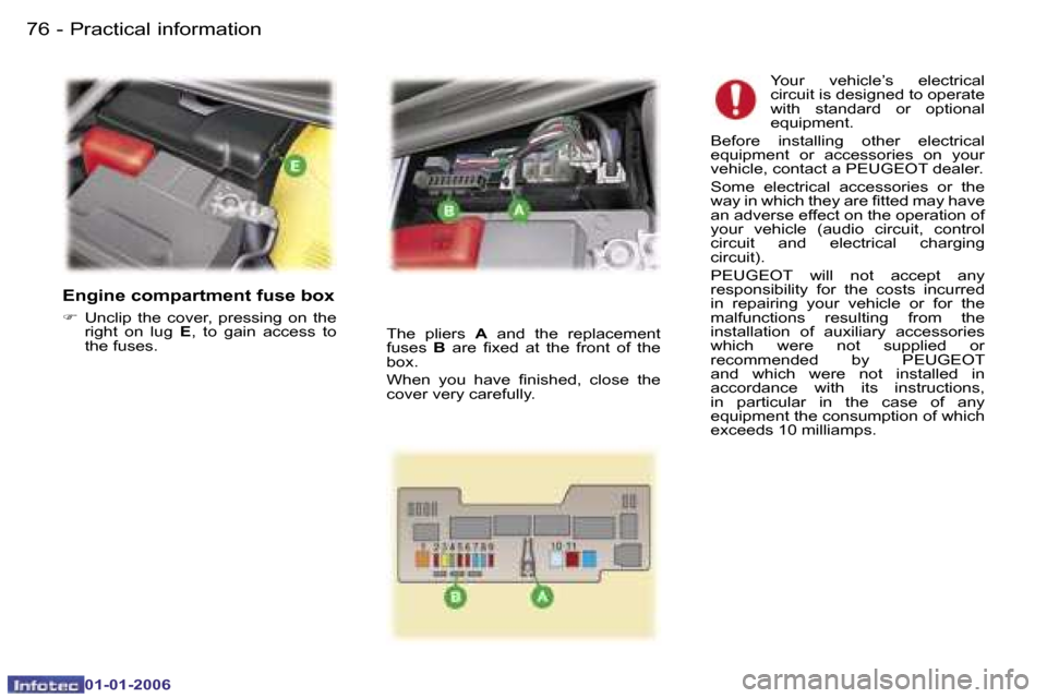 Peugeot 107 Dag 2006 Manual Online �P�r�a�c�t�i�c�a�l� �i�n�f�o�r�m�a�t�i�o�n�7�6 �-
�0�1�-�0�1�-�2�0�0�6
�E�n�g�i�n�e� �c�o�m�p�a�r�t�m�e�n�t� �f�u�s�e� �b�o�x
��  �U�n�c�l�i�p�  �t�h�e�  �c�o�v�e�r�,�  �p�r�e�s�s�i�n�g�  �o�n�  �t
