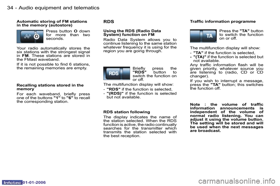 Peugeot 206 CC 2006 Owners Guide �3�4 �-�A�u�d�i�o� �e�q�u�i�p�m�e�n�t� �a�n�d� �t�e�l�e�m�a�t�i�c�s
�0�1�-�0�1�-�2�0�0�6
�A�u�t�o�m�a�t�i�c� �s�t�o�r�i�n�g� �o�f� �F�M� �s�t�a�t�i�o�n�s�  
�i�n� �t�h�e� �m�e�m�o�r�y� �(�a�u�t�o�s�t�