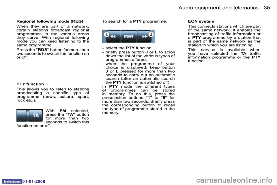 Peugeot 206 CC 2006 Owners Guide �3�5
�-�A�u�d�i�o� �e�q�u�i�p�m�e�n�t� �a�n�d� �t�e�l�e�m�a�t�i�c�s
�0�1�-�0�1�-�2�0�0�6
�R�e�g�i�o�n�a�l� �f�o�l�l�o�w�i�n�g� �m�o�d�e� �(�R�E�G�) 
�W�h�e�n�  �t�h�e�y�  �a�r�e�  �p�a�r�t�  �o�f�  �a