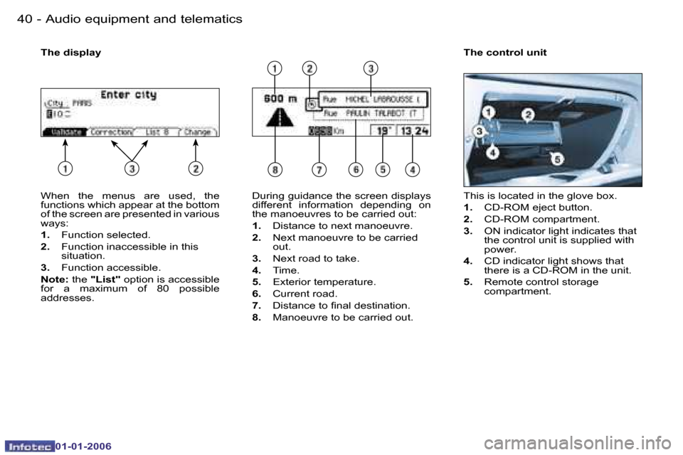 Peugeot 206 CC 2006 Service Manual �4�0 �-�A�u�d�i�o� �e�q�u�i�p�m�e�n�t� �a�n�d� �t�e�l�e�m�a�t�i�c�s
�0�1�-�0�1�-�2�0�0�6
�W�h�e�n�  �t�h�e�  �m�e�n�u�s�  �a�r�e�  �u�s�e�d�,�  �t�h�e�  
�f�u�n�c�t�i�o�n�s� �w�h�i�c�h� �a�p�p�e�a�r� 