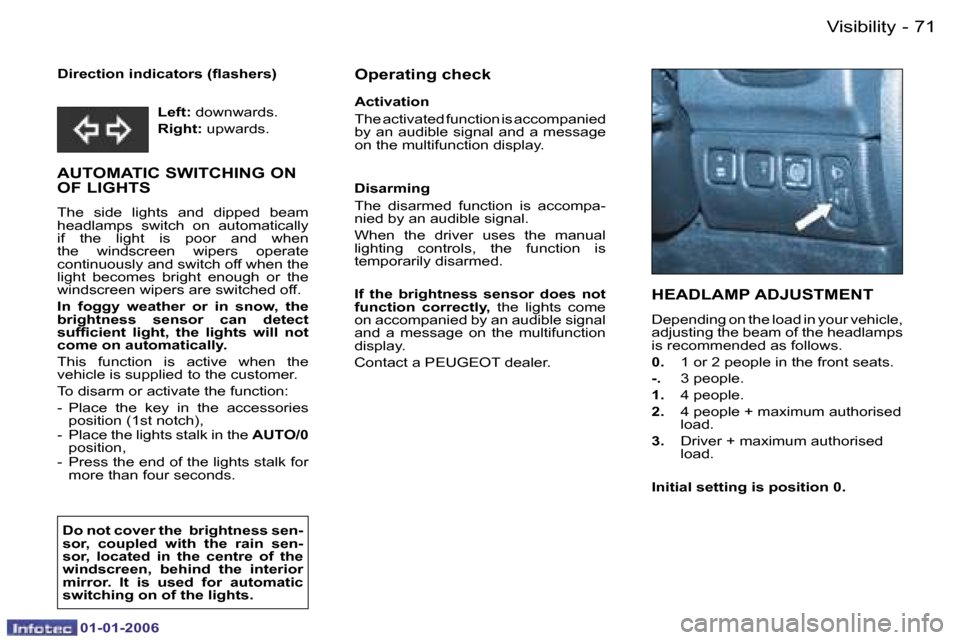 Peugeot 206 CC 2006 Manual PDF �7�1
�-
�V�i�s�i�b�i�l�i�t�y
�0�1�-�0�1�-�2�0�0�6
�D�i�r�e�c�t�i�o�n� �i�n�d�i�c�a�t�o�r�s� �(�ﬂ�a�s�h�e�r�s�)
�A�U�T�O�M�A�T�I�C� �S�W�I�T�C�H�I�N�G� �O�N�  
�O�F� �L�I�G�H�T�S
�T�h�e�  �s�i�d�e�  