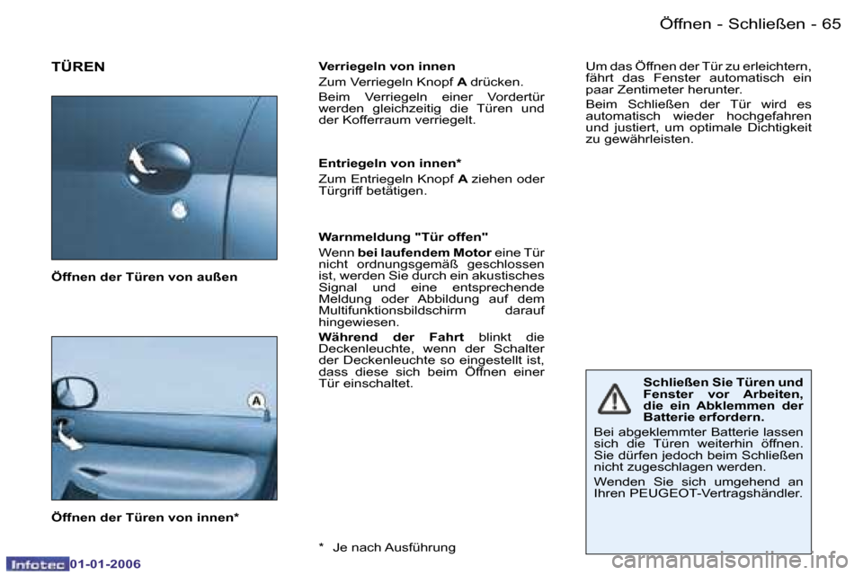 Peugeot 206 CC 2006  Betriebsanleitung (in German) �6�5
�-�Ö�f�f�n�e�n� �-� �S�c�h�l�i�e�ß�e�n
�0�1�-�0�1�-�2�0�0�6
�T�Ü�R�E�N� �V�e�r�r�i�e�g�e�l�n� �v�o�n� �i�n�n�e�n�  
�Z�u�m� �V�e�r�r�i�e�g�e�l�n� �K�n�o�p�f� 
�A� �d�r�ü�c�k�e�n�.
�B�e�i�m�  