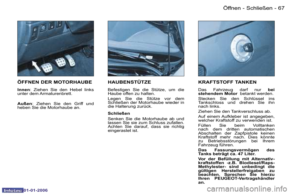 Peugeot 206 CC 2006  Betriebsanleitung (in German) �6�7
�-�Ö�f�f�n�e�n� �-� �S�c�h�l�i�e�ß�e�n
�0�1�-�0�1�-�2�0�0�6
�Ö�F�F�N�E�N� �D�E�R� �M�O�T�O�R�H�A�U�B�E
�I�n�n�e�n
�:�  �Z�i�e�h�e�n�  �S�i�e�  �d�e�n�  �H�e�b�e�l�  �l�i�n�k�s� 
�u�n�t�e�r� �d