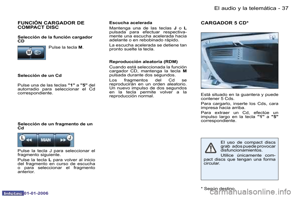 Peugeot 206 CC 2006  Manual del propietario (in Spanish) �3�7
�-�E�l� �a�u�d�i�o� �y� �l�a� �t�e�l�e�m�á�t�i�c�a
�0�1�-�0�1�-�2�0�0�6
�S�e�l�e�c�c�i�ó�n� �d�e� �u�n� �C�d �E�s�c�u�c�h�a� �a�c�e�l�e�r�a�d�a 
�M�a�n�t�e�n�g�a�  �u�n�a�  �d�e�  �l�a�s�  �t�e