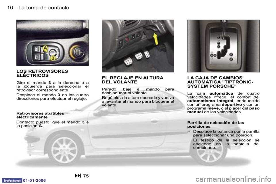 Peugeot 206 CC 2006  Manual del propietario (in Spanish) �1�0 �-�L�a� �t�o�m�a� �d�e� �c�o�n�t�a�c�t�o
�0�1�-�0�1�-�2�0�0�6
�L�O�S� �R�E�T�R�O�V�I�S�O�R�E�S�  
�E�L�É�C�T�R�I�C�O�S
�G�i�r�e�  �e�l�  �m�a�n�d�o� �3�  �a�  �l�a�  �d�e�r�e�c�h�a�  �o�  �a� 
�