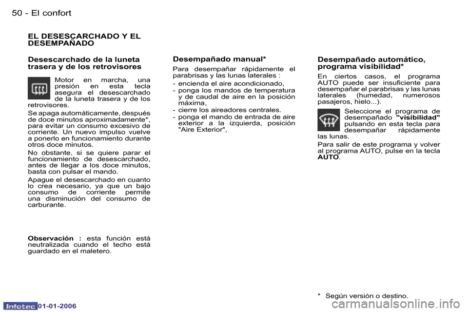 Peugeot 206 CC 2006  Manual del propietario (in Spanish) �5�0 �-�E�l� �c�o�n�f�o�r�t
�E�L� �D�E�S�E�S�C�A�R�C�H�A�D�O� �Y� �E�L�  
�D�E�S�E�M�P�A�Ñ�A�D�O
�M�o�t�o�r�  �e�n�  �m�a�r�c�h�a�,�  �u�n�a�  
�p�r�e�s�i�ó�n�  �e�n�  �e�s�t�a�  �t�e�c�l�a� 
�a�s�e
