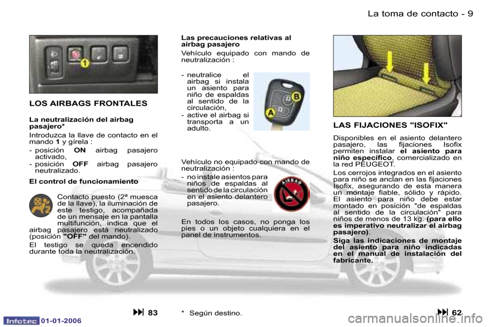 Peugeot 206 CC 2006  Manual del propietario (in Spanish) �9
�-�L�a� �t�o�m�a� �d�e� �c�o�n�t�a�c�t�o
�0�1�-�0�1�-�2�0�0�6
�L�A�S� �F�I�J�A�C�I�O�N�E�S� �"�I�S�O�F�I�X�"
�D�i�s�p�o�n�i�b�l�e�s�  �e�n�  �e�l�  �a�s�i�e�n�t�o�  �d�e�l�a�n�t�e�r�o�  
�p�a�s�a�j