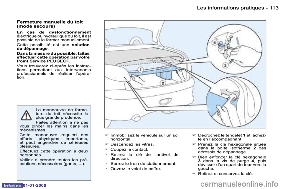 Peugeot 206 CC 2006  Manuel du propriétaire (in French) �1�1�3
�-
�L�e�s� �i�n�f�o�r�m�a�t�i�o�n�s� �p�r�a�t�i�q�u�e�s
�0�1�-�0�1�-�2�0�0�6
�F�e�r�m�e�t�u�r�e� �m�a�n�u�e�l�l�e� �d�u� �t�o�i�t�  
�(�m�o�d�e� �s�e�c�o�u�r�s�) 
�E�n�  �c�a�s�  �d�e�  �d�y�s�