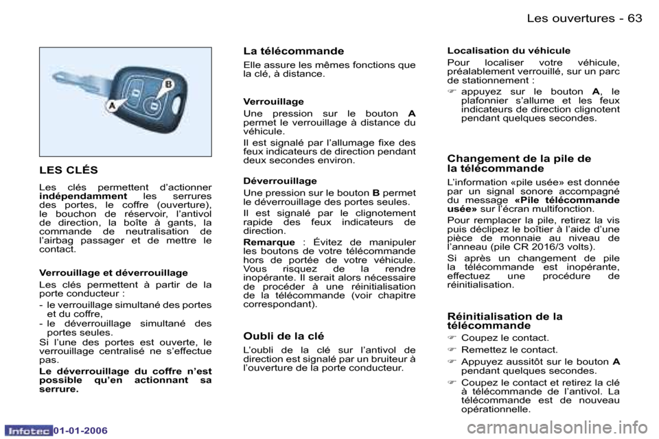 Peugeot 206 CC 2006  Manuel du propriétaire (in French) �6�3
�-�L�e�s� �o�u�v�e�r�t�u�r�e�s
�0�1�-�0�1�-�2�0�0�6
�L�E�S� �C�L�É�S
�L�e�s�  �c�l�é�s�  �p�e�r�m�e�t�t�e�n�t�  �d�’�a�c�t�i�o�n�n�e�r�  
�i�n�d�é�p�e�n�d�a�m�m�e�n�t
�  �l�e�s�  �s�e�r�r�u�