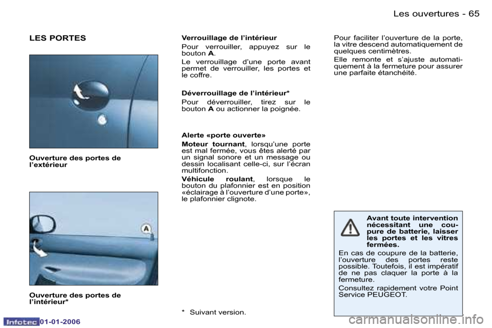 Peugeot 206 CC 2006  Manuel du propriétaire (in French) �6�5
�-�L�e�s� �o�u�v�e�r�t�u�r�e�s
�0�1�-�0�1�-�2�0�0�6
�L�E�S� �P�O�R�T�E�S�V�e�r�r�o�u�i�l�l�a�g�e� �d�e� �l�’�i�n�t�é�r�i�e�u�r 
�P�o�u�r�  �v�e�r�r�o�u�i�l�l�e�r�,�  �a�p�p�u�y�e�z�  �s�u�r�  