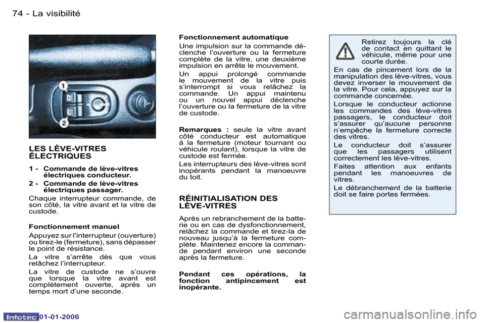 Peugeot 206 CC 2006  Manuel du propriétaire (in French) �7�4 �-�L�a� �v�i�s�i�b�i�l�i�t�é
�0�1�-�0�1�-�2�0�0�6
�F�o�n�c�t�i�o�n�n�e�m�e�n�t� �a�u�t�o�m�a�t�i�q�u�e 
�U�n�e� �i�m�p�u�l�s�i�o�n� �s�u�r� �l�a� �c�o�m�m�a�n�d�e� �d�é�- 
�c�l�e�n�c�h�e�  �l�