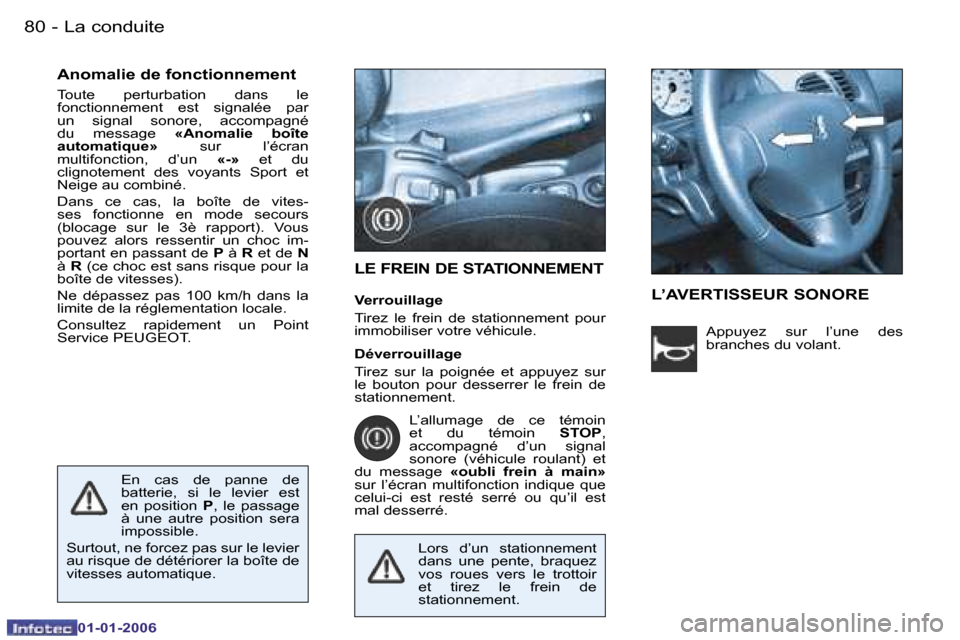 Peugeot 206 CC 2006  Manuel du propriétaire (in French) �8�0 �-�L�a� �c�o�n�d�u�i�t�e
�0�1�-�0�1�-�2�0�0�6
�A�n�o�m�a�l�i�e� �d�e� �f�o�n�c�t�i�o�n�n�e�m�e�n�t 
�T�o�u�t�e�  �p�e�r�t�u�r�b�a�t�i�o�n�  �d�a�n�s�  �l�e�  
�f�o�n�c�t�i�o�n�n�e�m�e�n�t�  �e�s�