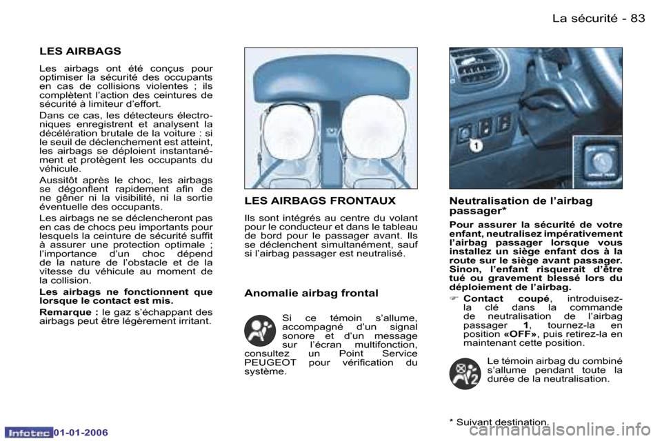 Peugeot 206 CC 2006  Manuel du propriétaire (in French) �8�3
�-�L�a� �s�é�c�u�r�i�t�é
�0�1�-�0�1�-�2�0�0�6
�L�E�S� �A�I�R�B�A�G�S� �F�R�O�N�T�A�U�X
�I�l�s�  �s�o�n�t�  �i�n�t�é�g�r�é�s�  �a�u�  �c�e�n�t�r�e�  �d�u�  �v�o�l�a�n�t�  
�p�o�u�r� �l�e� �c�o