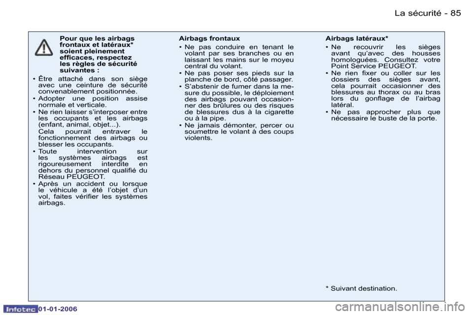 Peugeot 206 CC 2006  Manuel du propriétaire (in French) �8�5
�-
�L�a� �s�é�c�u�r�i�t�é
�0�1�-�0�1�-�2�0�0�6
�P�o�u�r� �q�u�e� �l�e�s� �a�i�r�b�a�g�s�  
�f�r�o�n�t�a�u�x� �e�t� �l�a�t�é�r�a�u�x�*� 
�s�o�i�e�n�t� �p�l�e�i�n�e�m�e�n�t� 
�e�f�ﬁ�c�a�c�e�s�