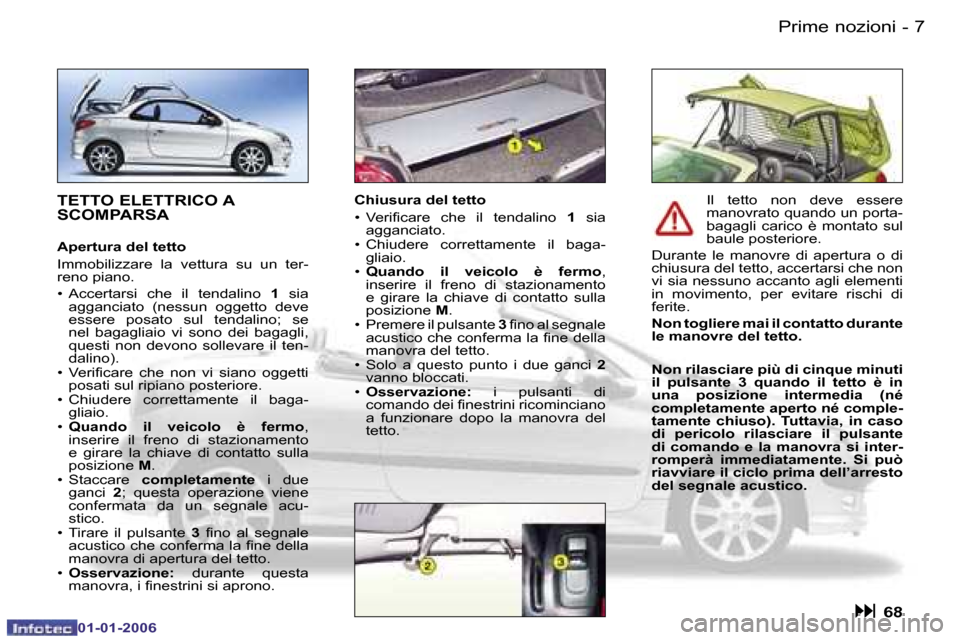 Peugeot 206 CC 2006  Manuale del proprietario (in Italian) �7
�-�P�r�i�m�e� �n�o�z�i�o�n�i
�0�1�-�0�1�-�2�0�0�6
�T�E�T�T�O� �E�L�E�T�T�R�I�C�O� �A�  
�S�C�O�M�P�A�R�S�A
�A�p�e�r�t�u�r�a� �d�e�l� �t�e�t�t�o 
�I�m�m�o�b�i�l�i�z�z�a�r�e�  �l�a�  �v�e�t�t�u�r�a� 