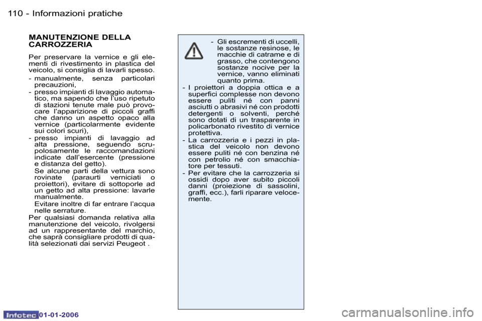 Peugeot 206 CC 2006  Manuale del proprietario (in Italian) �1�1�0 �-�I�n�f�o�r�m�a�z�i�o�n�i� �p�r�a�t�i�c�h�e
�0�1�-�0�1�-�2�0�0�6
�M�A�N�U�T�E�N�Z�I�O�N�E� �D�E�L�L�A�  
�C�A�R�R�O�Z�Z�E�R�I�A
�P�e�r�  �p�r�e�s�e�r�v�a�r�e�  �l�a�  �v�e�r�n�i�c�e�  �e�  �g�