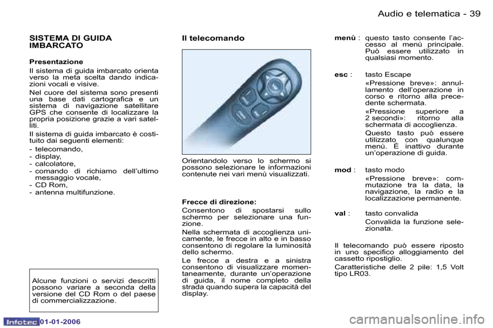 Peugeot 206 CC 2006  Manuale del proprietario (in Italian) �3�9
�-�A�u�d�i�o� �e� �t�e�l�e�m�a�t�i�c�a
�0�1�-�0�1�-�2�0�0�6
�I�l� �t�e�l�e�c�o�m�a�n�d�o 
�O�r�i�e�n�t�a�n�d�o�l�o�  �v�e�r�s�o�  �l�o�  �s�c�h�e�r�m�o�  �s�i�  
�p�o�s�s�o�n�o�  �s�e�l�e�z�i�o�n