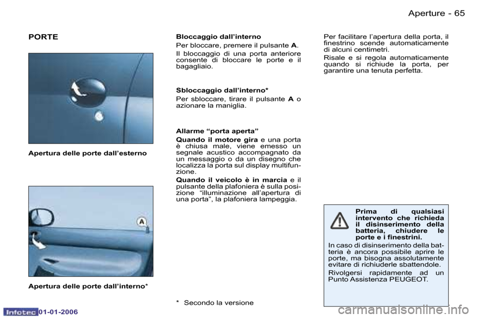 Peugeot 206 CC 2006  Manuale del proprietario (in Italian) �6�5
�-�A�p�e�r�t�u�r�e
�0�1�-�0�1�-�2�0�0�6
�P�O�R�T�E�B�l�o�c�c�a�g�g�i�o� �d�a�l�l�’�i�n�t�e�r�n�o 
�P�e�r� �b�l�o�c�c�a�r�e�,� �p�r�e�m�e�r�e� �i�l� �p�u�l�s�a�n�t�e� 
�A�.
�I�l�  �b�l�o�c�c�a�g